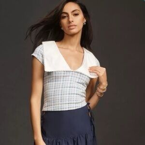 Anthropologie Maeve Plaid Large Collar V Neck Top in Blue Size Large NWT